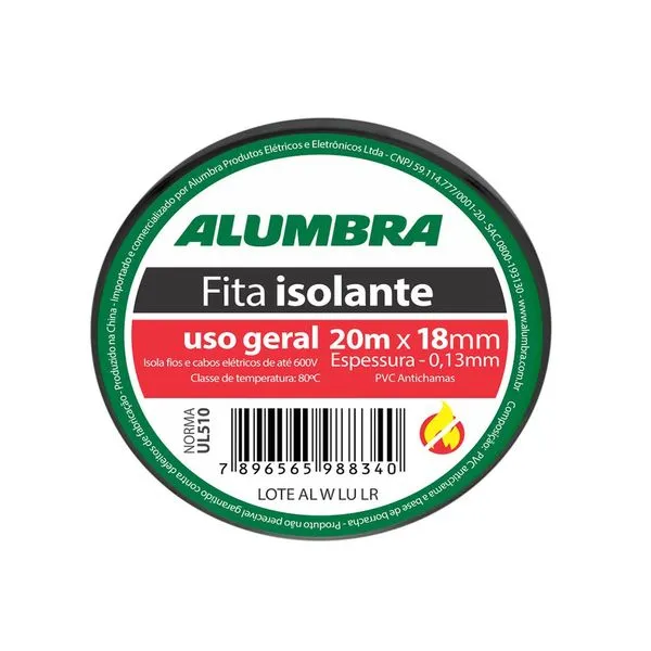 Fita Isolante Em Pvc 18Mmx0,13Mmx20M Uso Geral Alumbra