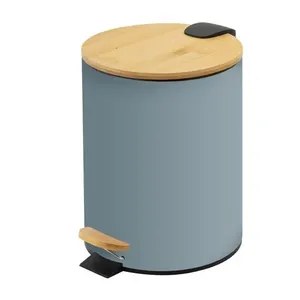 Lixeira Com Tampa De Bambu E Pedal 3L Cinza Redonda Coisas E Coisinhas