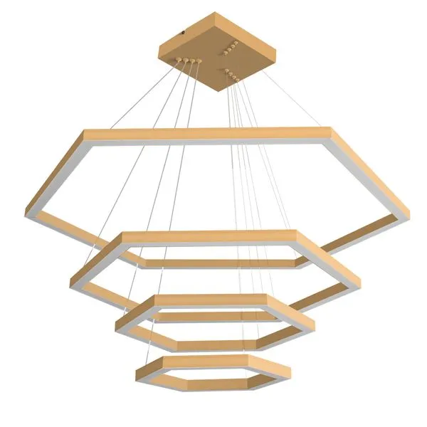 Pendente Hexagonal Led 110W3K 4 Aros 800X600X400X300Mm Bivolt Dourado Perfiline Bronzearte