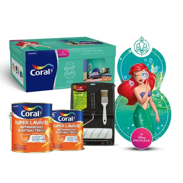 Kit de Pintura Princesa da Disney Ariel 4,4L Tinta e Acessórios Coral