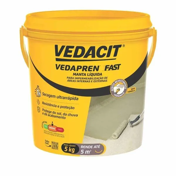 Manta Líquida Acrílica Impermeabilizante Vedapren Fast Cinza Vedacit MANTA LIQ ACR IMP VEDAPREN FAST CO 5KG PARED EXT E FACHAD