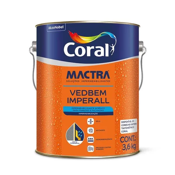 Tinta Acrílica Impermeabilizante Mactra Vedbem Imperall Base 3,6KG Coral Mactra