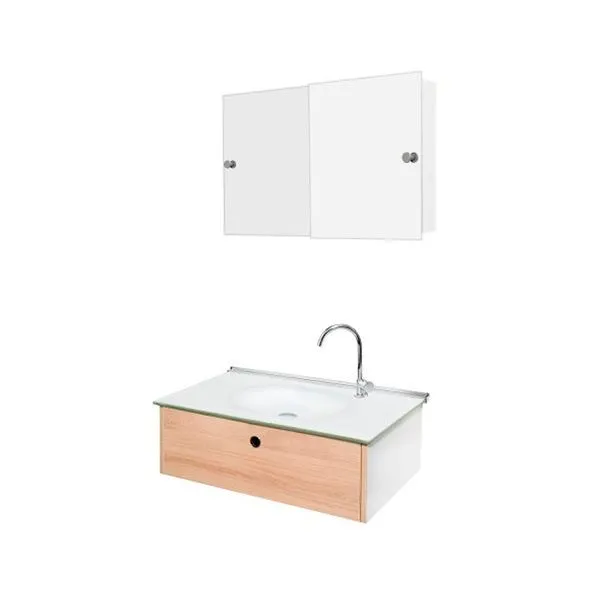 Gabinete de banheiro com lavatório e espelheira Cris-Mold 40x72cm branco e amadeirado Cris-metal