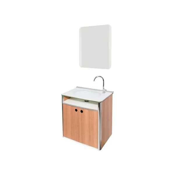 Conjunto para Banheiro com Gabinete e Espelho Amadeirado Mold 934 Cris Metal Gabinete de banheiro com lavatório e espelheira Cris-Classic 42x62,5cm branco e amadeirado Cris-metal