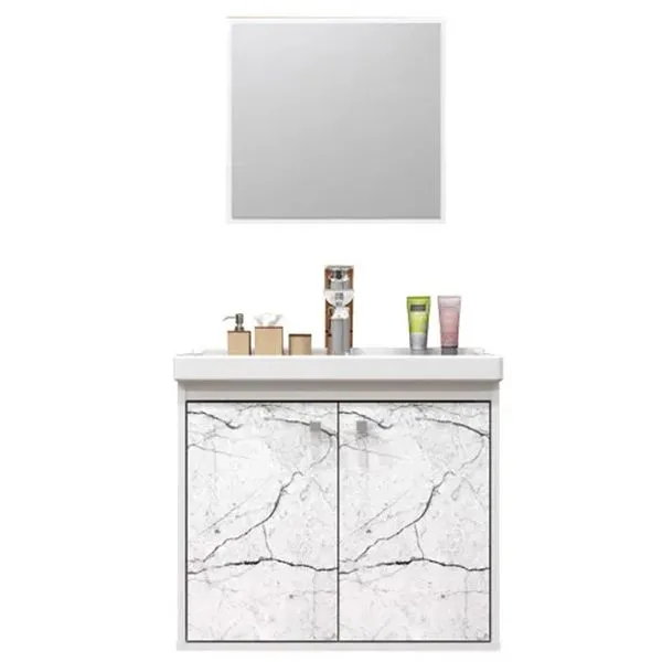 Conjunto Gabinete Para Banheiro Com Lavatório E Espelheira Aster Branco Marmorizado Branco Cerocha