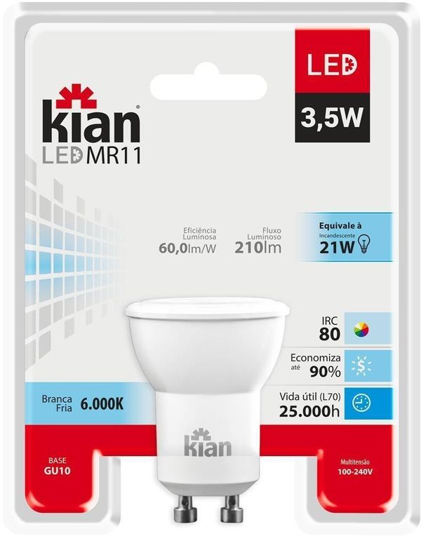 Lâmpada LED Gu10 3,5W 6500K Branca Fria Kian Bivolt