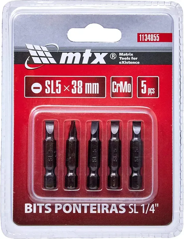 Bits de Fenda 1/4" 5 x 38 mm em Aço Cromo com 5 Peças Bits Sl 1/4 5 X 38 , Aço Crmo 5 Pecas
