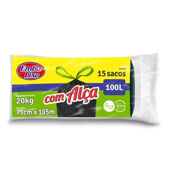 Saco Lixo Embalixo Reforcado Alca Preto 100L 15 Sacos