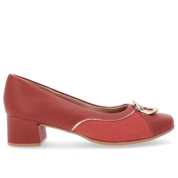 Scarpin Marrom Salto Bloco Couro Detalhe Dourado 37