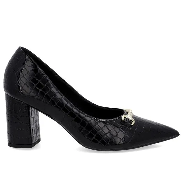 Scarpin Salto Bloco Verniz Preto Bridão Bico Fino 34