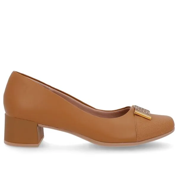 Scarpin Marrom Couro Bico Quadrado Enfeite 38