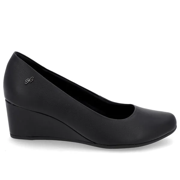 Scarpin Salto Baixo Couro Preto Bico Redondo 40