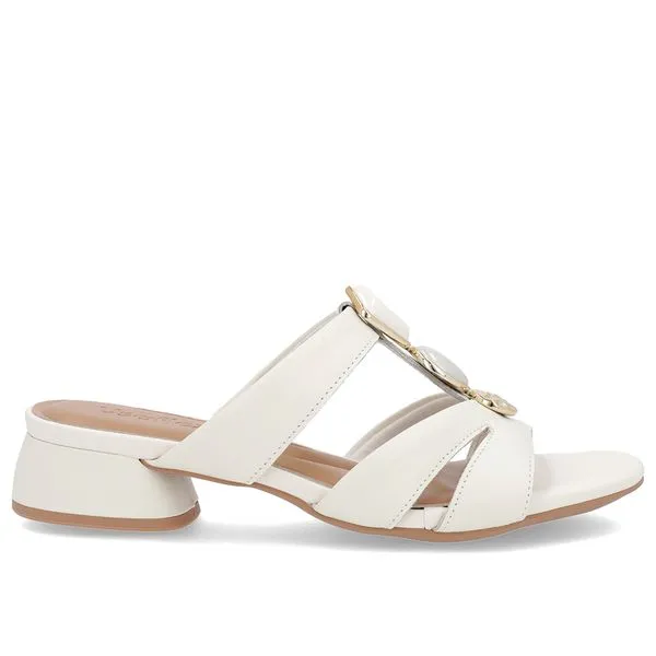 Tamanco Salto Bloco Couro Off-White Enfeite 37