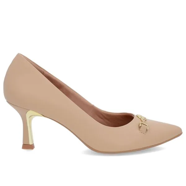 Scarpin Bege Salto Fino Couro Detalhe Bridão 35