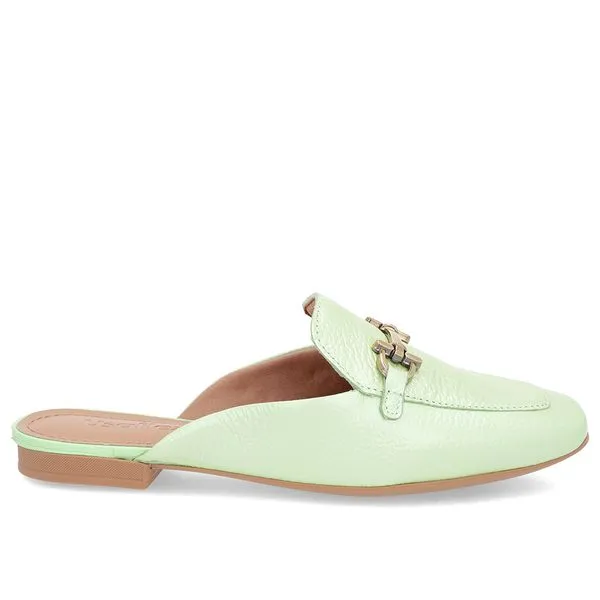 Mule Verde Perolado Bico Quadrado Couro Salto Rasteiro 36