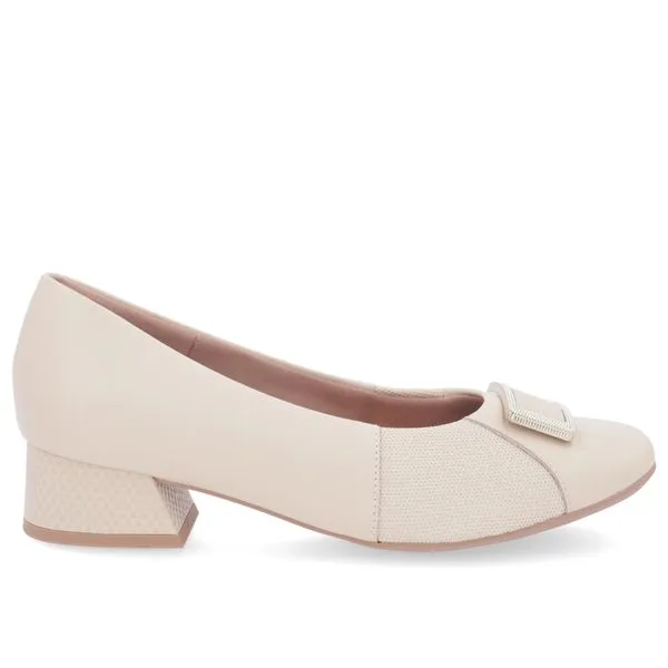 Scarpin Bege Salto Bloco Couro Lateral Tecido 40