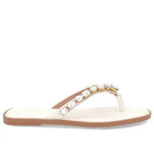 Chinelo Salto Rasteiro Couro Branco Enfeite 35