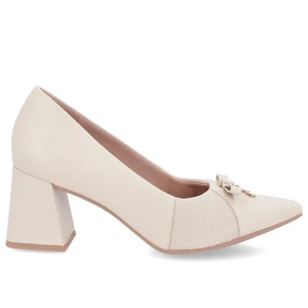 Scarpin Couro Bege Salto Bloco Pingente 39