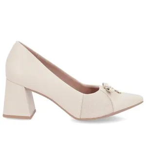 Scarpin Couro Bege Salto Bloco Pingente 39