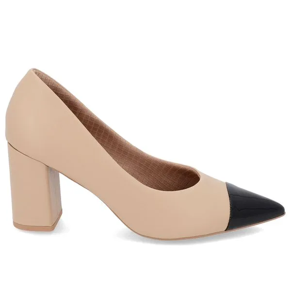 Scarpin Salto Bloco Couro Bege Bico Fino Verniz 40