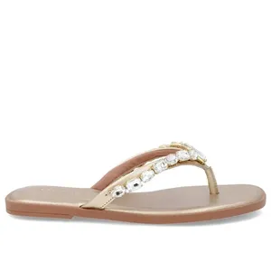 Chinelo Salto Rasteiro Couro Dourado Enfeite 34
