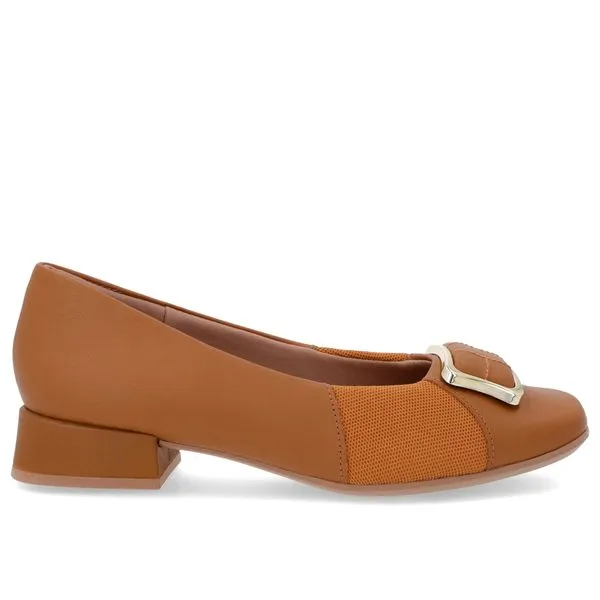 Scarpin Bico Quadrado Couro Marrom Detalhe Tecido 40
