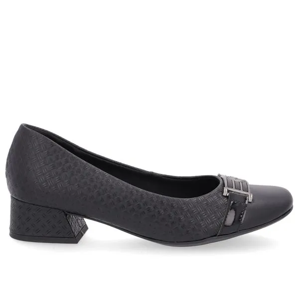 Scarpin Preto Salto Bloco Couro Detalhe Fivela 33
