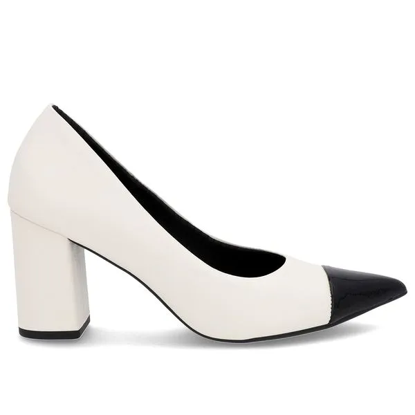 Scarpin Salto Bloco Couro Branco Marfim Bico Fino Verniz 35