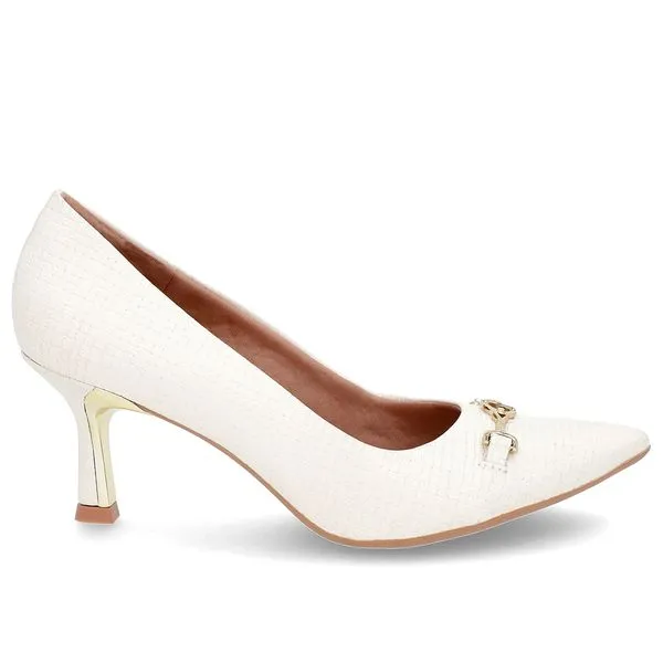 Scarpin Branco Marfim Salto Fino Couro Detalhe Bridão 40