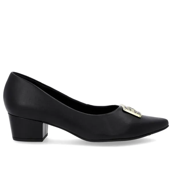 Scarpin Bico Fino Couro Preto Salto Bloco Enfeite 37