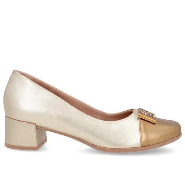 Scarpin Dourado Couro Bico Quadrado Enfeite 37