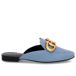 Mule Azul Bico Quadrado Couro Enfeite Fosco 34
