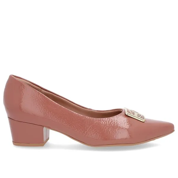 Scarpin Bico Fino Verniz Rosa Salto Bloco Enfeite 35