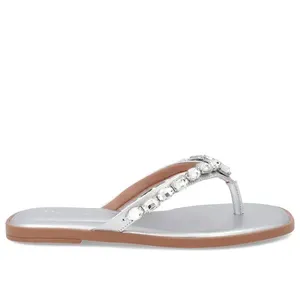 Chinelo Salto Rasteiro Couro Prata Enfeite 35