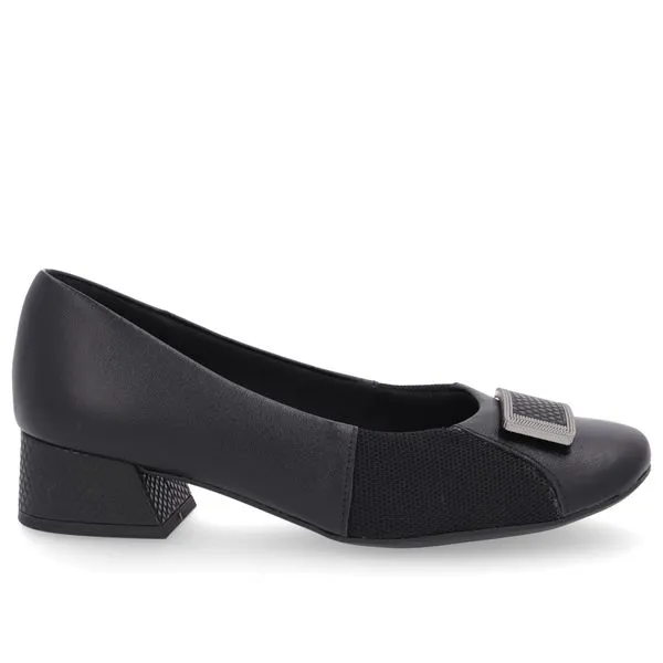 Scarpin Preto Salto Bloco Couro Lateral Tecido 38