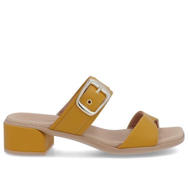Tamanco Salto Bloco Couro Amarelo Fivela 34