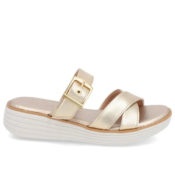 Tamanco Salto Plataforma Verniz Dourado Fivela 36