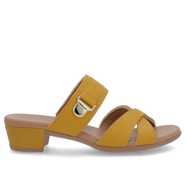 Tamanco Salto Bloco Couro Amarelo Enfeite 40