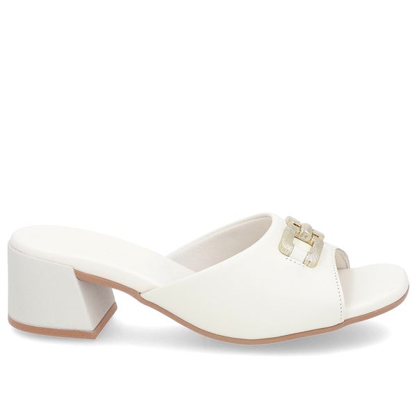 Tamanco Salto Bloco Couro Off-White Enfeite 34
