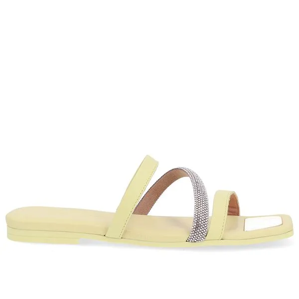 Rasteira Bico Quadrado Couro Amarelo Strass 34