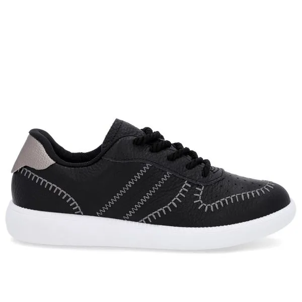 Tênis Preto Couro Estilo Costura Enfeite 39