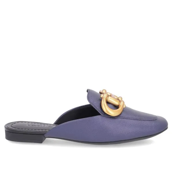 Mule Azul Bico Quadrado Couro Enfeite Fosco 35