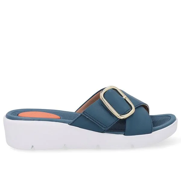Tamanco Salto Plataforma Couro Azul Fivela 35