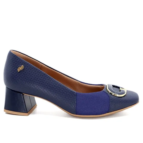 Scarpin Azul Salto Bloco Couro Tressê Monograma 33