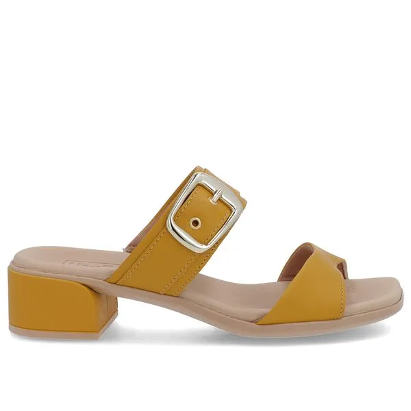 Tamanco Salto Bloco Couro Amarelo Fivela 35