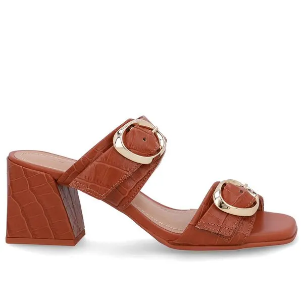 Tamanco Salto Bloco Couro Croco Marrom 40