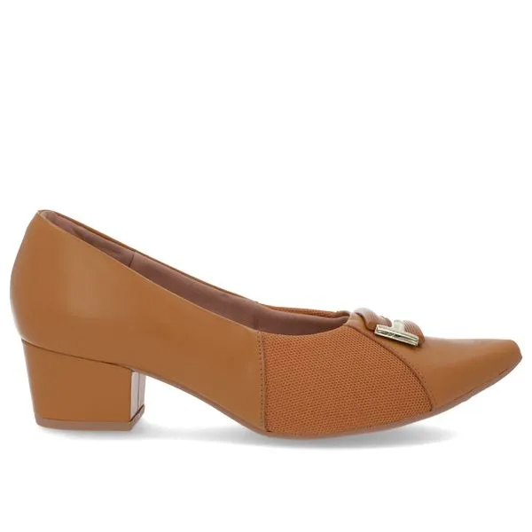 Scarpin Bico Fino Couro Marrom Detalhe Tecido 38