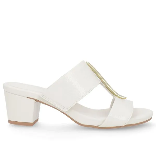 Tamanco Salto Bloco Couro Off-White Enfeite 38