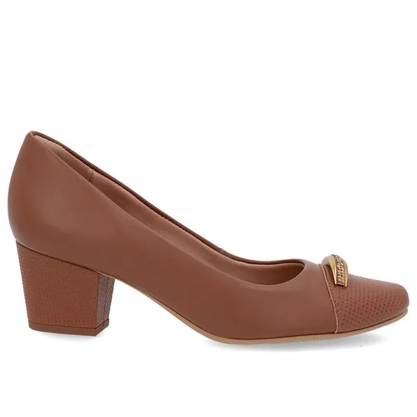 Scarpin Couro Marrom Salto Bloco Brilho 40