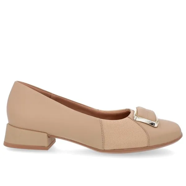 Scarpin Bico Quadrado Couro Bege Detalhe Tecido 35